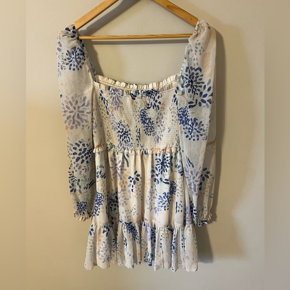 Aritzia Wilfred Tempest Blue Floral Chiffon Mini Dress Long Sheer Sleeve - Picture 9 of 10